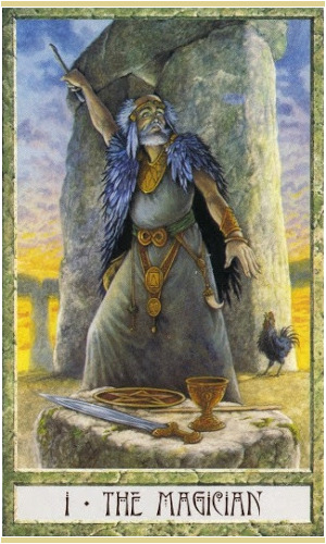 The Druidcraft Tarot's Wise Magician makes good use of earthy, nature-based energy, with his outdoor stone altar and backdrop of standing stones