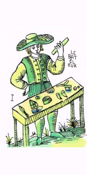 The magician from the marshmallow marseille looks particularly youthful in bright green and yellow. To me, his expression seems frustrated, like someone practicing a difficult trick rather than performing