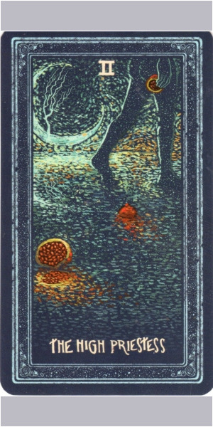 Prisma Visions Tarot: the high priestess leaves a path to follow across the water