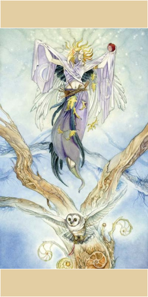 The Shadowscapes Tarot shows a high priestess who isn’t shy about showing her power externally. She forms her body into the shape of a chalice: a receptive vessel open to surrounding energies
